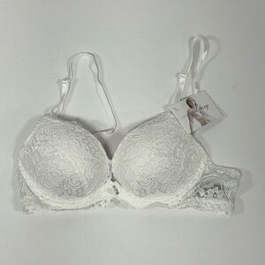 NWT Smart&Sexy White Lace Push Up Bra Padded Plunge Front Strappy Clasp Back 34A